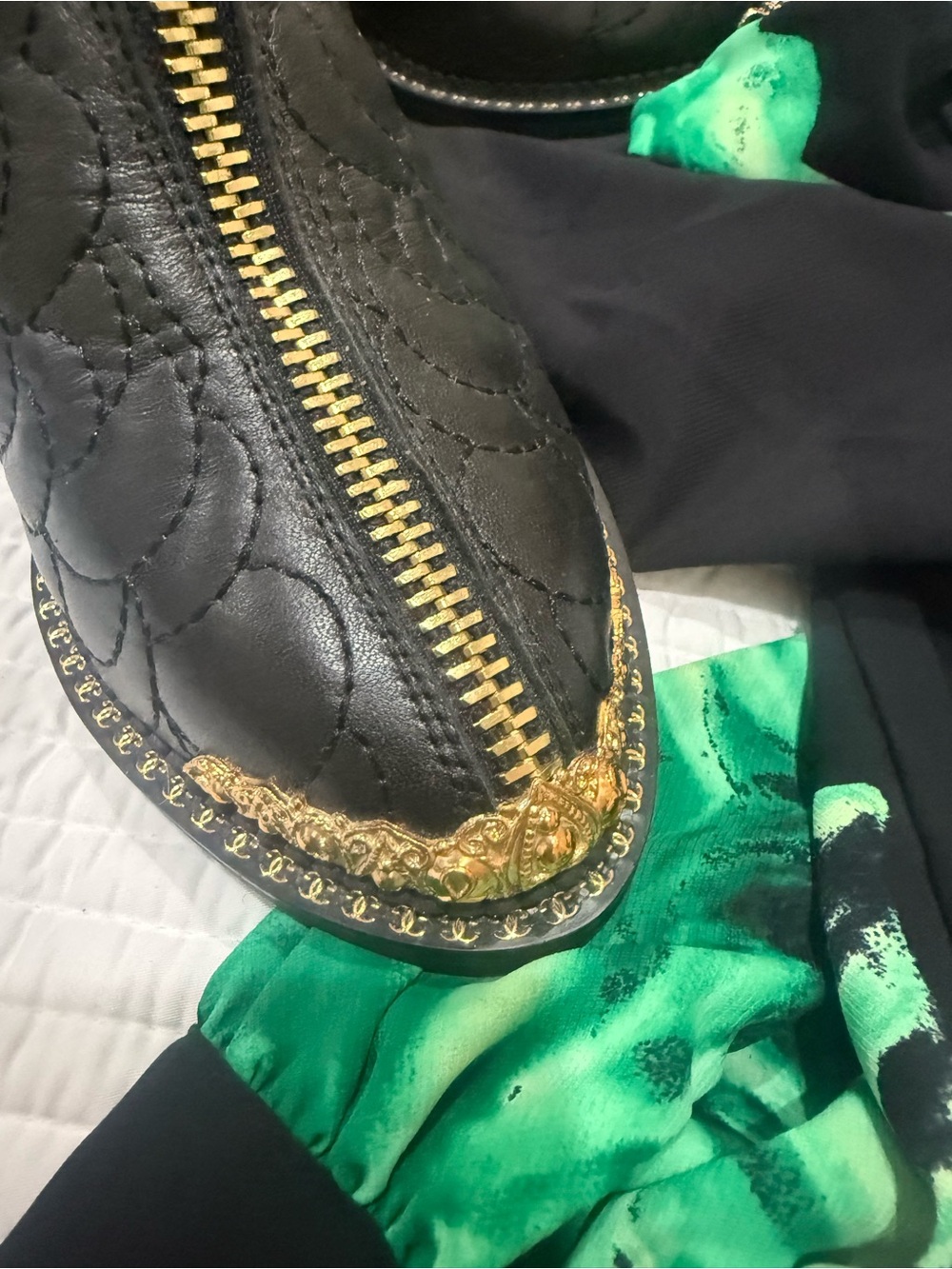 Black Quilted Leather Zip Boots with Gold Trim - Picture 2 of 5